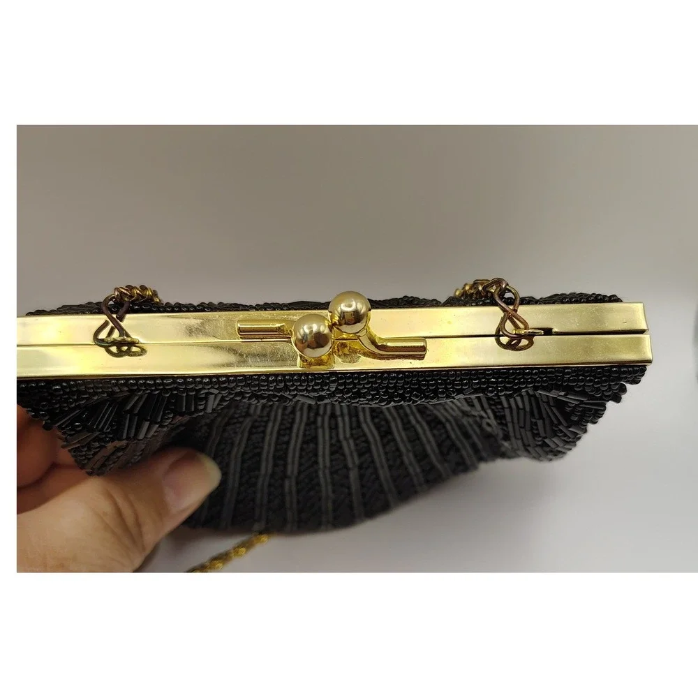 Valerie Stevens Black Beaded Shell Clutch Evening Bag Gold Chain Vintage‎ NWT